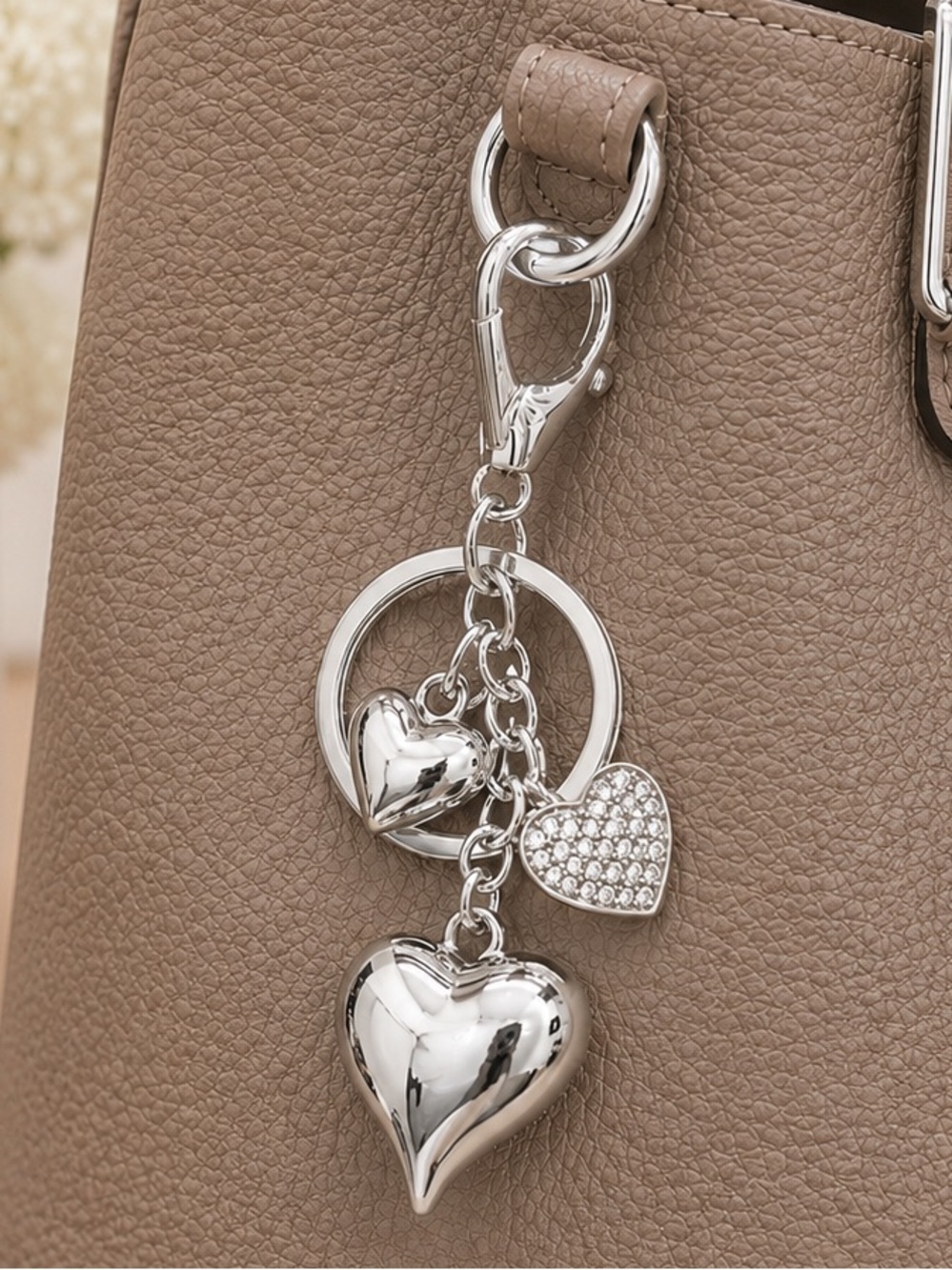 Silver Tone Heart Bag Charm Keychain Rhinestone Puffy Heart Purse Accessory NWT